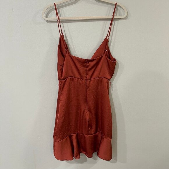 Lucy In The Sky Satin Ruffle Slip Dress Rustic Red Orange Women's Size Small - Picture 7 of 7